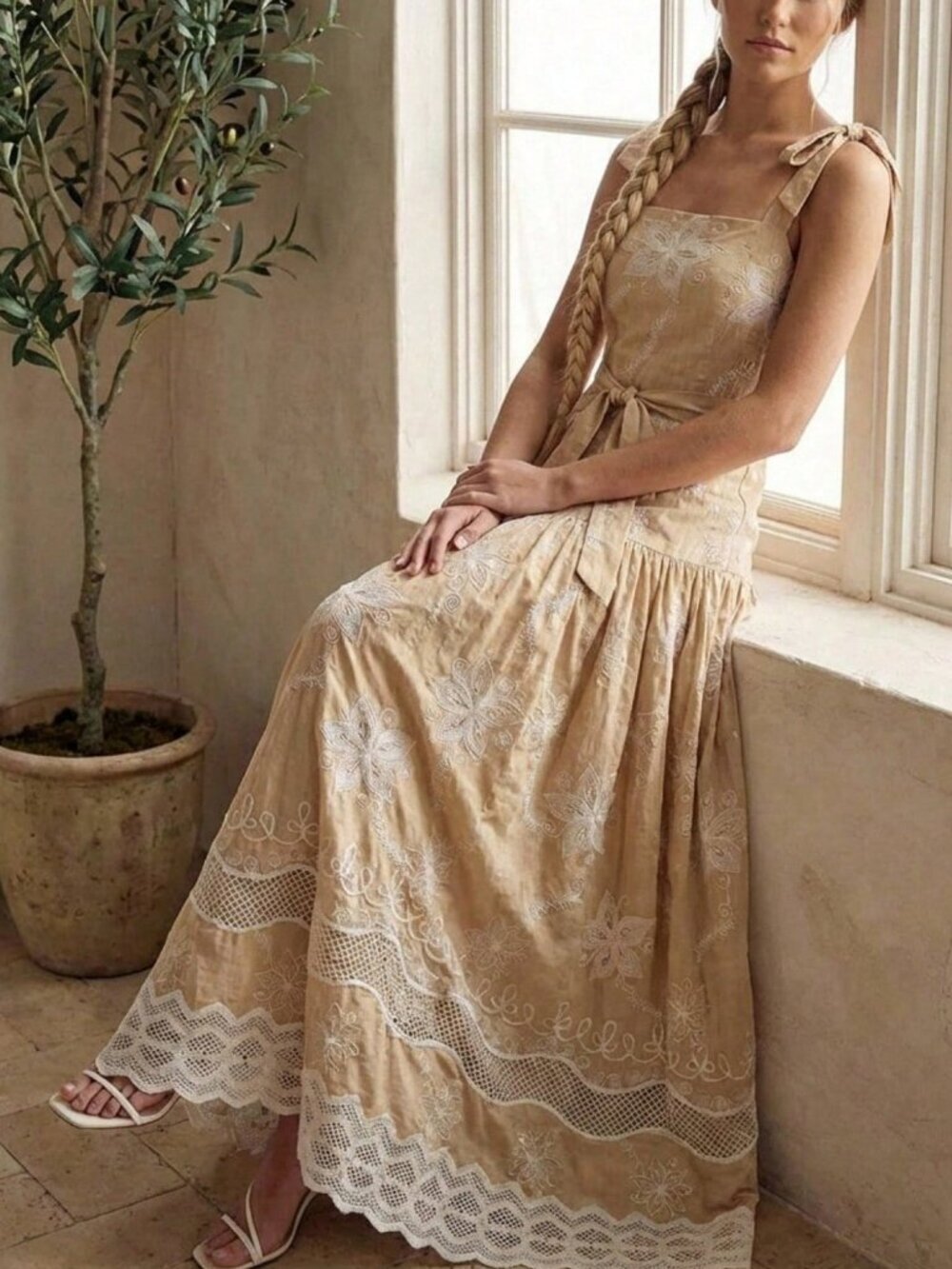 Khaki Elegant Women's Embroidered Lace Trim Waist Tie Sleeveless maxi Dress - Picture 4 of 6